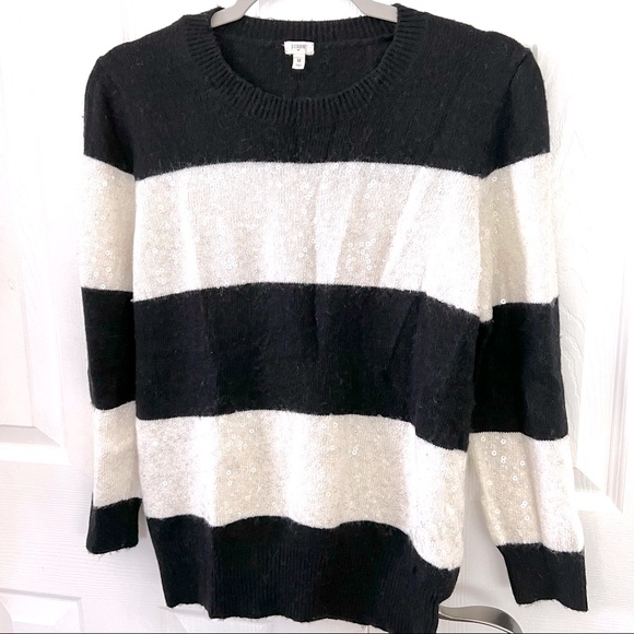 J Crew Black White Sequin Stripe Sweater M - Picture 8 of 9